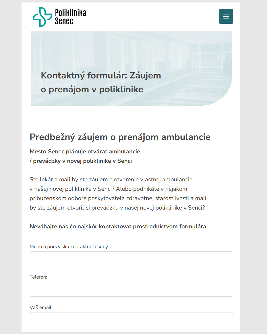 Kontaktný formulár: Záujem o prenájom v poliklinike v Senci