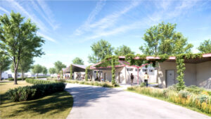 Vizualizácia spoločného priestoru bungalovov a autokempingu na juhu Slnečných jazier