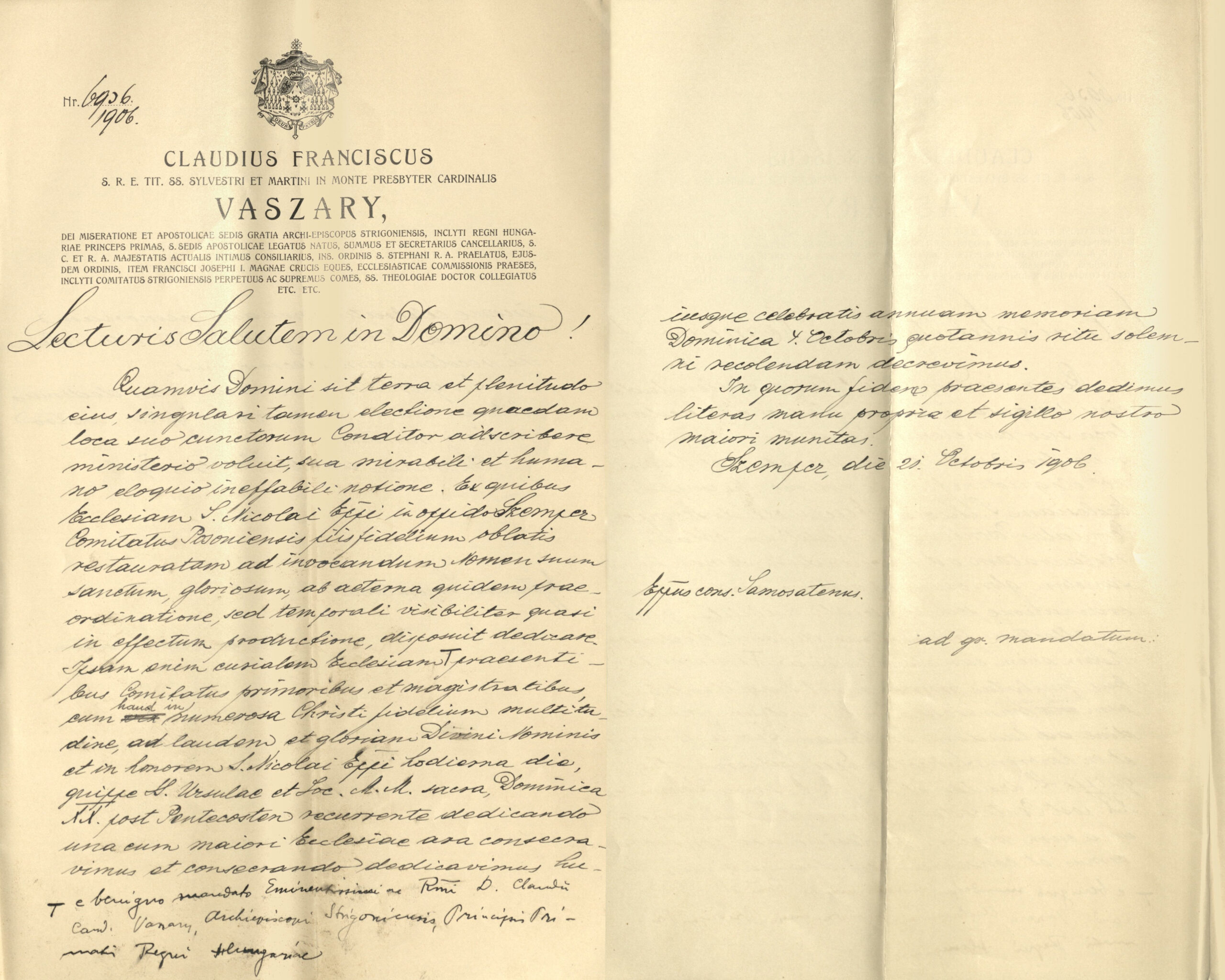 Latinský rukopis z roku 1906 o posviacke kostola a hlavného oltára. Primaciálny archív, Ostrihom, PL Vaszary Kolos, archív cirkevnej správy